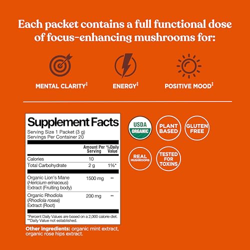 Image of Four Sigmatic Lion's Mane Focus Elixir Mushroom Coffee Alternative | Organic Lion's Mane Mushroom Powder,Rhodiola & Rose Hips | Immune & Memory Support-| Paleo-|,20 Count (Pack of 2)