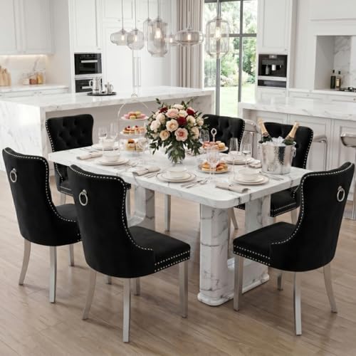 64.5" Modern Faux Marble Dining Table Set for 6, White