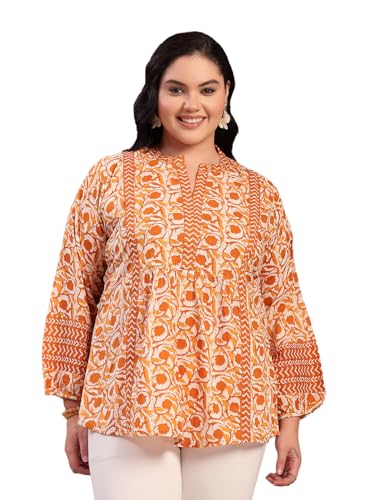 Image of Stylum Women's Plus Size Blue Floral Printed Pure Cotton Top | Plus Size Tops for Women Short Kurti