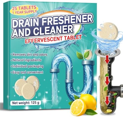 Disposal Cleaner Tablets 25 Tablets, 1 Year Supply Sink and Drain Cleaner, Deodorizer Tablets Remove Odor-Causing Residues, Garbage Disposal Cleaner For House, Kitchen, Bathroom Drain Cleaning Care