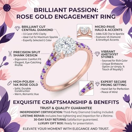 Image of Choose Your Gemstone Round Split Halo Pave Diamond CZ Ring Rose Gold Plated Round Shape Halo Engagement Rings Matching Jewelry Wedding Jewelry Easy to Wear Gifts US Size 4 to 12