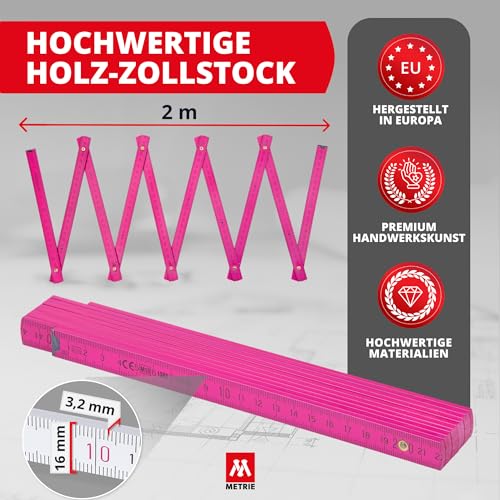 Metrie Zollstock – Gliedermaßstab 2m | Meterstab, Maßstab – Rosa – Duplex Teilung, Hergestellt in der EU | Buchenholz & Stahlgelenke… – Ansicht 2