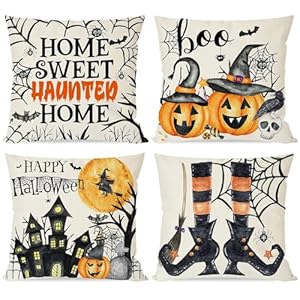Happy Halloween Pillows Covers 16×16 Set of 4 for Fall Decorations, Watercolor Haunted House Witch Hat Legs, Spooky Orange and Black Decorative Throw Pillow Cases Indoor Outdoor Decor