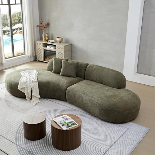 135.4" Curved Sectional Sofa, Boucle Fabric Upholstered Chaise Couch, 6-Seater Oversized Modern Modular Couch with 2 Pillows, Comfy Sofa for Living Room,Bedroom, Home Office, Green Left Facing - Image 5