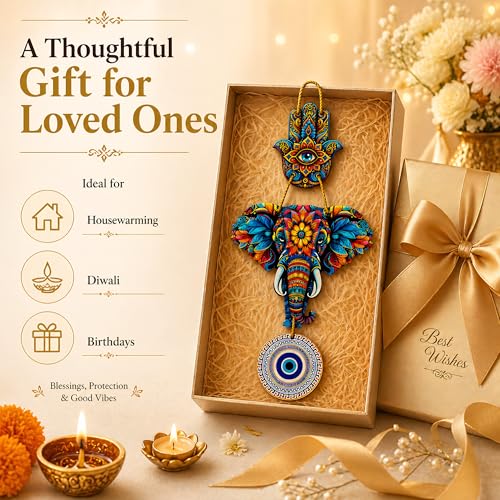 Image of Evil Eye Wall Hanging for Home Entrance Door | Nazar Battu Vastu Decor | Hamsa Hand Elephant Wall Decor | MDF Mandala Art Hanging | Good Luck Gift for Diwali Housewarming Bedroom Office