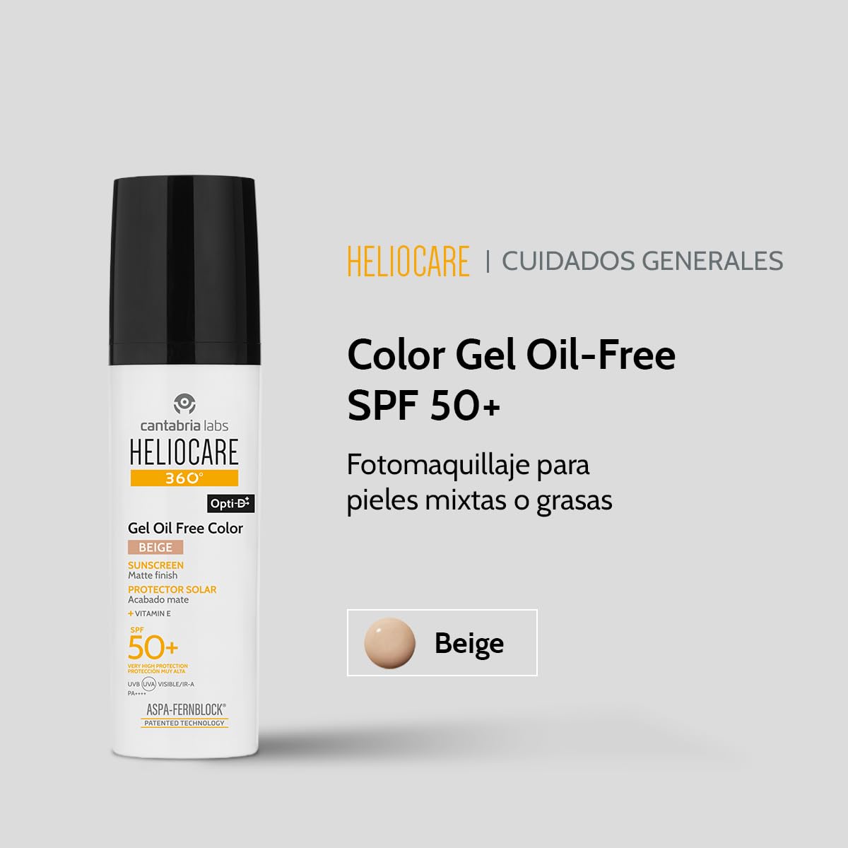 Cantabria Labs - Heliocare 360º Color Gel Oil-Free SPF 50+ - 50 ml - Beige - Fotomaquillaje Matificante - Piel Grasa con tendencia acnéica