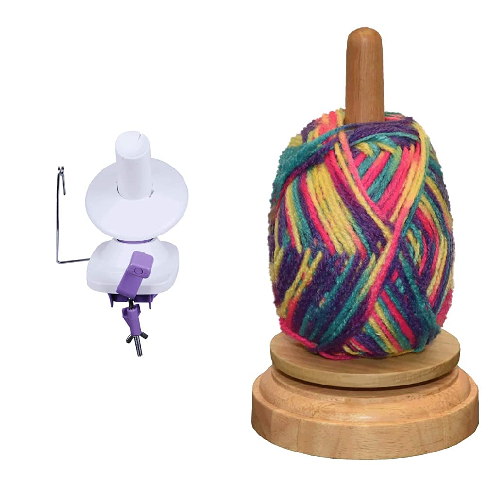 KNITPRO KP10941 Ball Winder-Assortment Product White & Trimits REVOLVING Wool Ball Holder Keep Your Knitting Knot Free with The Wooden Spinning Yarn Winder