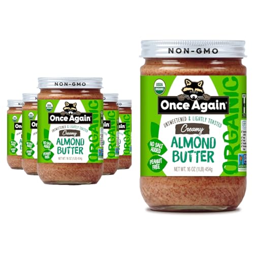 Once Again Creamy Organic Almond Butter No Sugar, Lightly Toasted - Single Ingredient Nut Butter, No Palm Oil, No Salt - Glass Jar, Non-GMO, Gluten Free, Vegan (6-Pack, 16 oz Glass Jars)