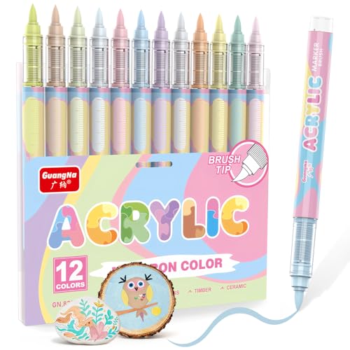 Guangna 12 Macaron Acrylic Paint Markers Brush Tip Acrylic Paint Pens for Pumpkin Paint Rock Painting Wood Glass Paper Coloring Book Ceramic Canvas DIY Crafts Water-Based Ink