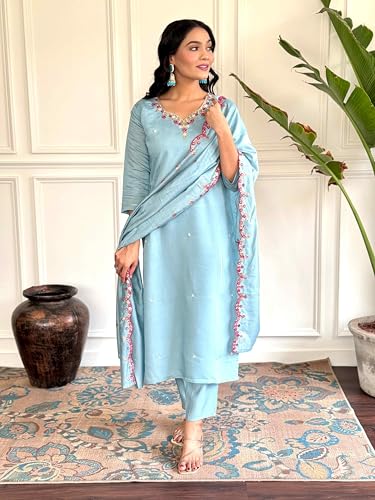 Image of Shiv Textiles Women's Viscose Rayon Embroidered Kurta Pant Dupatta Set