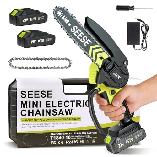 SEESE 6-inch Mini Chainsaw Cordless: Home Garden Electric Chainsaw - 950W Pure Copper Brushless Motor, High Efficiency, Low Noise, 21V Batteries x2, Up to 80-Min Runtime