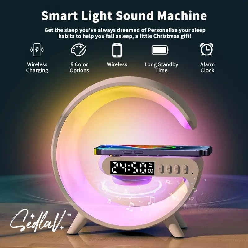 SEDLAV Multi-Function G Shape Bluetooth Speaker with Digital Alarm Clock, Wireless Charger, FM Radio, LED Night Light, and Dual Speakers