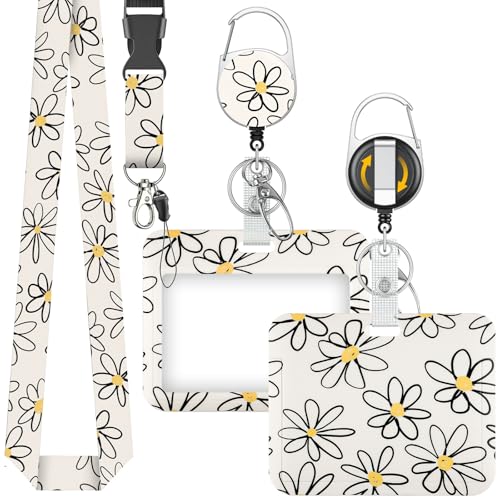 Uniclife Modischer Schiebe Ausweishalter Horizontaler Weiß Blume Kartenhalter Plastik Ausziehbar Schlüsselanhänger Abnehmbare Lanyard Strap geprägte Karte Schutz krankenschwester Frauen Lehrer