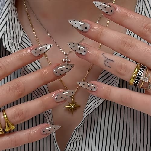 Polka Dot Press on Nails Medium Almond Fake Nails Black Dot False Nails Full Cover Glossy Acrylic Nails Cute Black Polka Dot Stick on Nails for Women Summer Manicure,Reusable | Easy Apply | 24Pcs