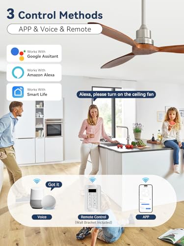 Image of Sofucor 52 Inch Solid Wood Ceiling Fans no Light, Works with App /Alexa /Google, Dimmable 6-Speed Outdoor Ceiling Fan with Remote for Indoor Bedroom Living Room Outdoor Patio Porch