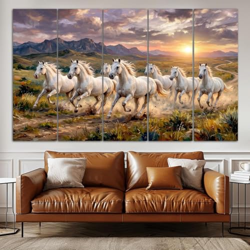 Image of Spacter White Horses Wall Painting for Living Room Big Size - 7 Running Horses Painting Vastu for Bedroom, Office, Hotel - Wall Decor Digital Painting Wooden Framed for Gifting (30x60inch)