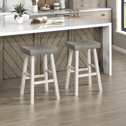 Lexicon Taburetes de Barra de Madera Maciza, Set de 2, Altura 30.5", Blanco/Café miniatura 1