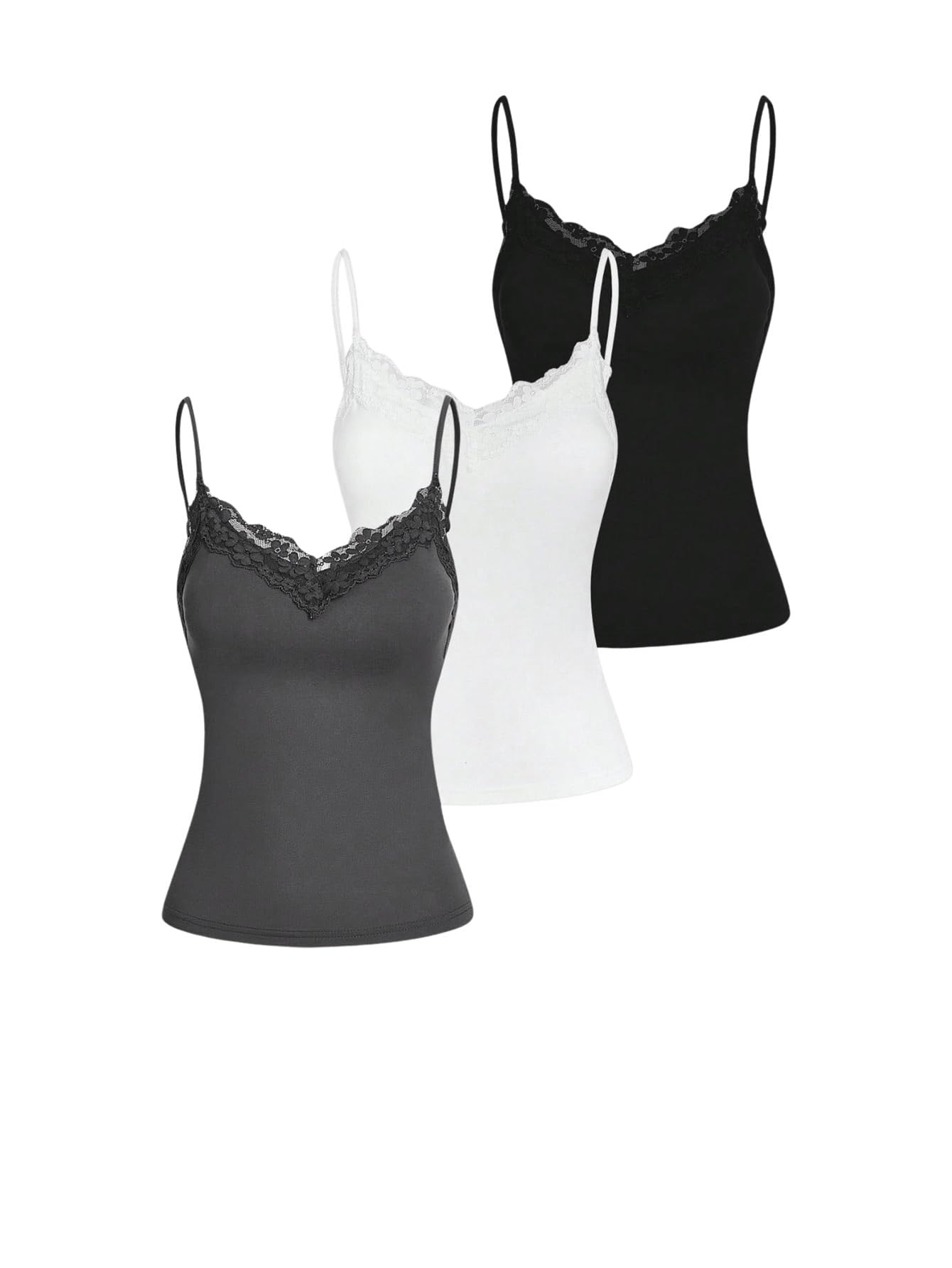 Photo 1 of SOLY HUX Women's Camisole Tops with Built in Bra 3 Packs Lace Trim Spaghetti Strap Cami Tank Top Dark Grey White Black S