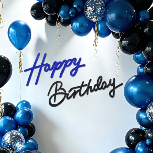 Image of TONIFUL Happy Birthday Sign for Backdrop - Glitter Black Navy Blue Felt Banner - Includes Dot Glue - Perfect for Birthday Party Backdrop,Wall Decr,Balloon Arch,Photo Background