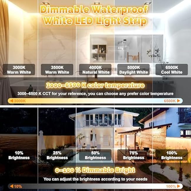 65.6FT Outdoor LED Strip Lights Waterproof IP67, Dimmable 3000K-6500K Warm White LED Rope Lights Outdoor Waterproof with Remote & APP, 24v Adhesive Exterior Lighting for Patio, Deck, Gazebo