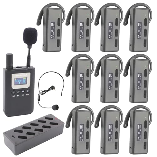 LOUKIENE Wireless Tour Guide System, Tour Guide Microphone and Speaker Tour Guide Headsets 328ft Range, Bluetooth, 1 Transmitter 10 Wireless Headsets, 1* 10-Port Charger for Churches Tours Conferences