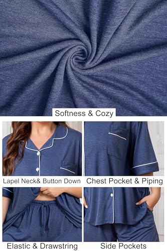 Image of Vozanet Women Plus Size Pajamas Button Down Rayon Softness PJS Classic Sleepwear Short Long Loungewear 2pcs with Pockets
