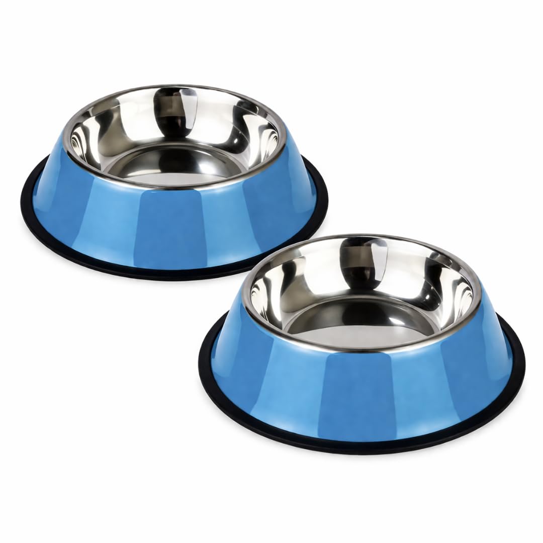 Kit 2 Comedouros para Cachorro em Aço Inox Coloridos 22 cm com Base Antiderrapante (AZUL)
