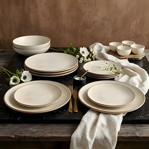 Image of Miah Decor Ceramic Dinner Set- 14-Piece Handmade Stoneware | 4 Bowls, 4 Quarter Plates, 4 Dinner Plates & 2 Serving Bowls | Off White Ribbed Matte Finish | Microwave & Dishwasher Safe | Ideal Gift