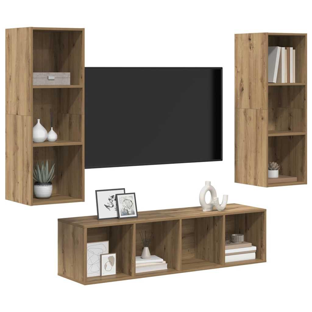 TV-Schrankset Wandmontiert 3-teilig, Artisan-Eiche Holzwerkstoff, Modernes Media Center, Platzsparendes Entertainment-Möbel für Wohnzimmer, Schlafzimmer
