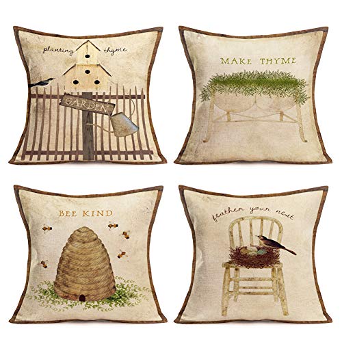 Vintage Rustic Board Style Throw Pillow Covers Cotton Linen Retro Bird Nest Thyme Floral Bee Decorative Pillow Covers 18"X18" Country Farmhouse Garden Throw Pillow Case Cushion Cover, 4 Pack(Bird Bee) #TOP16