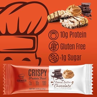 Genius Gourmet Crispy Protein Treat, Chocolate Peanut Butter, Keto Snack, Low Carb, Low Sugar & Gluten Free, Protein Snacks for Adults, 10G of Whey Protein per Protein Bar, 5 Net Carbs, 10 CT