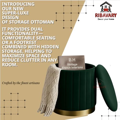 Image of Round Velvet Luxurious Storage Ottoman, Pouf with Storage Vanity Stool Chair,Upholstered Foot Rest Stool with Gold Strip Base for Living Room or Bedroom (Green, Medium- 36Dx36Wx40H)