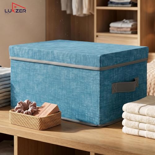 Image of Lukzer 3PC Blue & Grey Foldable Storage Box with Lid & Reinforced Handle | Fabric Wardrobe Clothes Organizer Basket Bin for Sarees, Blankets, Toys, Books & Closet /Almirah Storage (36 x 27 x 20 CM)