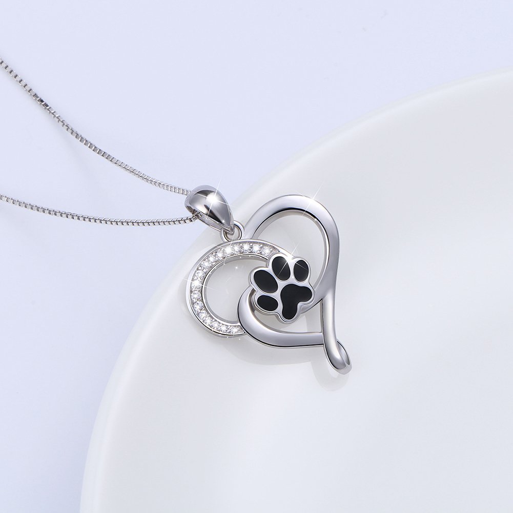 Ladytree Collar con colgante de corazón de plata de ley S925 con diseño de huella de perro, gato, 45,7 cm