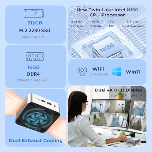 Image of MegaPC Mini PC 16GB DDR4 512G SSD Twin Lake N150 Windows 11, 4K Dual display HDMI+DP+2xUSB 3.2+2xUSB 2.0+WiFi,BT, Small PC Desktop for Business Home Office Mini PC-D01