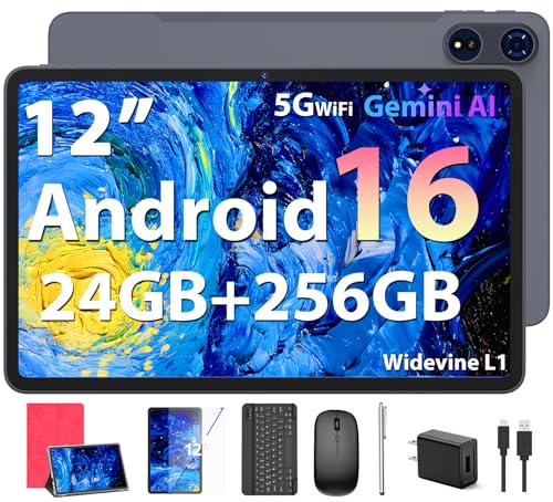 JJGJ 2026 12 Inch Android 16 Tablet with Keyboard, 24GB+256GB+2TB Expand, 2K Gemini AI Tablet with 5G WiFi, Octa-Core, 8000mAh, BT5.0, 16+8MP, 2 in 1 Tablets PC with Case, Mouse, Stylus (Pink Case)