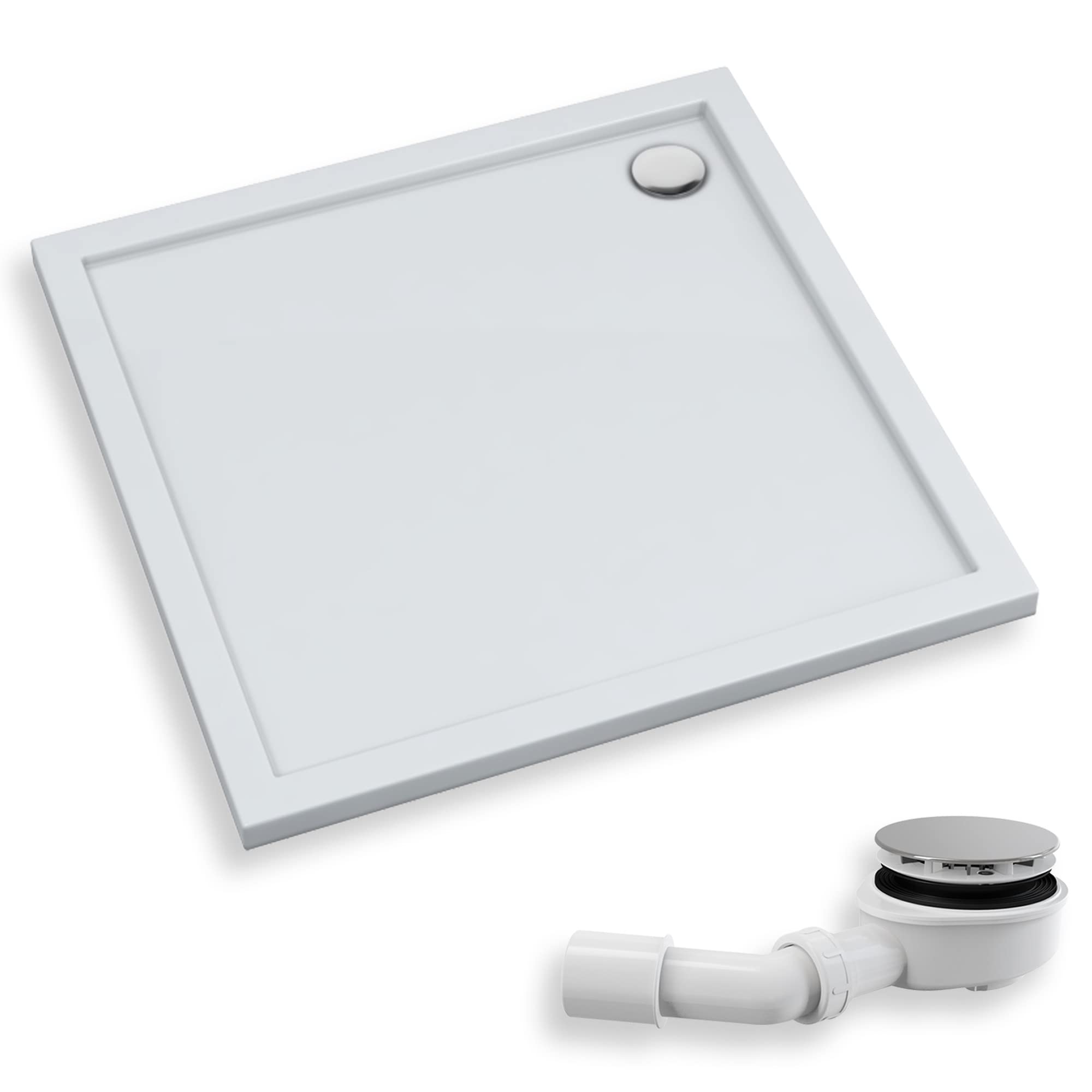 BADLAND Duschwanne 75x75 Caspar New Weiß Acryl Duschtasse Quadratisch mit Ablaufgarnitur Ø 90 mm