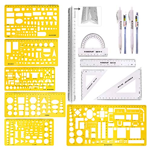 Swpeet 12Pcs Plastic Yellow Geometric Drawings Templates Kit, 4 Different Geometric Measuring Drawings Templates Stencils with 2Pcs Pencil and 4Pcs Measuring Ruler for Drawing Engineering