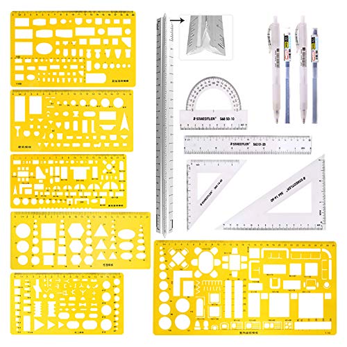 Swpeet 12Pcs Plastic Yellow Geometric Drawings Templates Kit, 4 Different