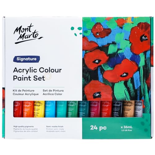Image of Mont Marte Acrylic Paint Set 24 Colours 36ml 2 PACK, Perfect for Canvas, Wood, Fabric, Leather, Cardboard, Paper, MDF and Crafts