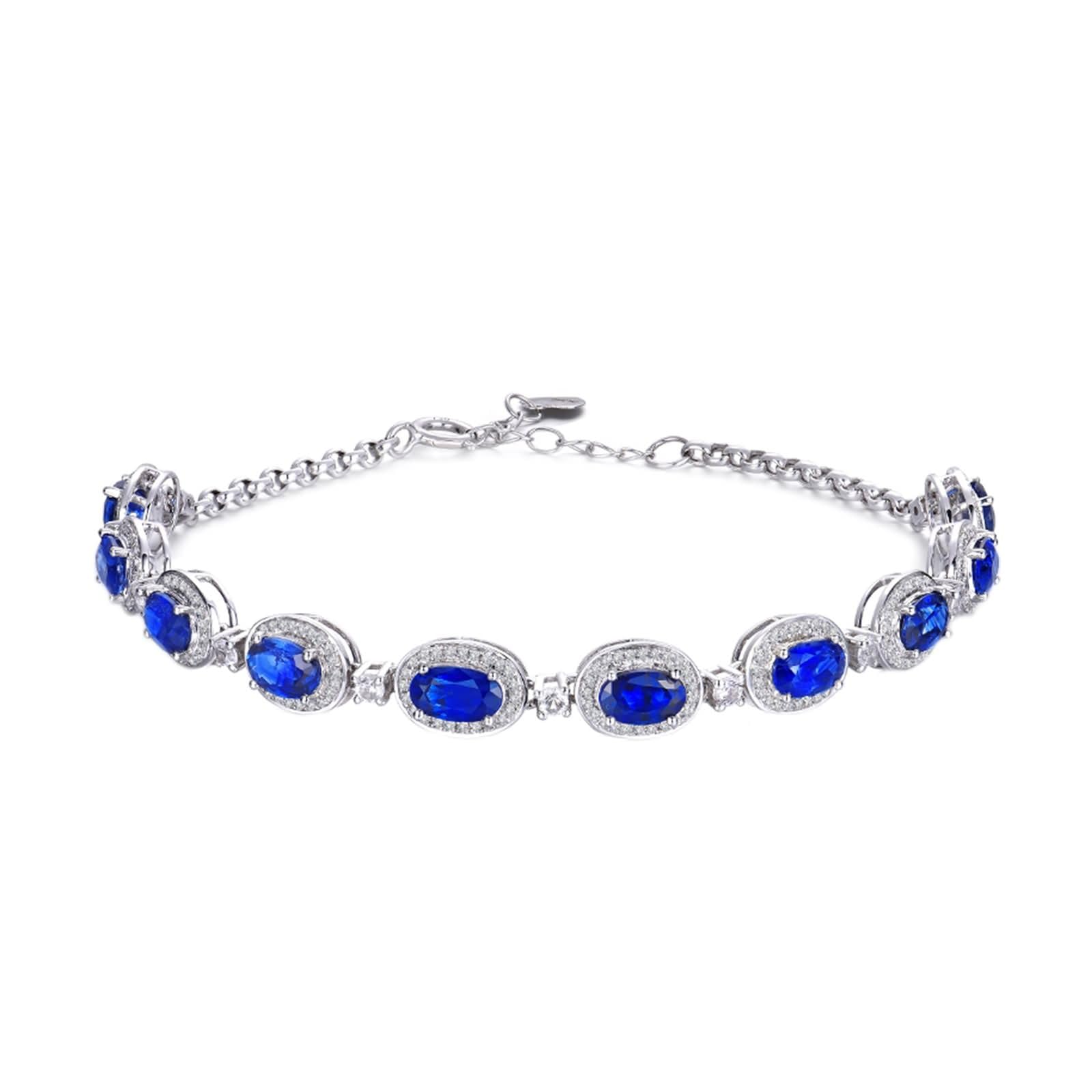 Pulsera de Oro Blanco Mujer 9 Kilates / 14 Kilates / 18 Kilates, Oval con Zafiro Creado de 4,3 ct y Diamante, Cadena Extensible 16 CM + 5 CM, Pulsera Plata Azul Verde Mujer Ajustable