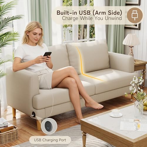 Image of 70 inch Modern Loveseat Sofa with USB Type-C Ports, Linen Fabric 2-Seater Deep Seat Couch, Cozy Small Couch Sofa for Living Room Bedroom Office Apartment (Beige)