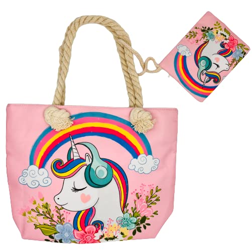 Genérico Bolso Unicornio PEQUEÑO Mariposas Playa Piscina Niña Infantil con Regalo bolsita Cremallera 29x23cm.