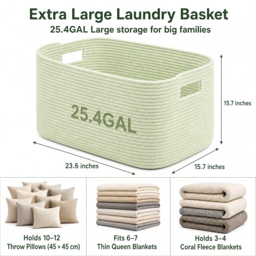 Image of 25.4GAL Collapsible Cotton Rope Extra Large Storage Basket For Bedroom Closet, Boho Rectangular Short Hamper Woven Storage Baskets for Living Room Throw Pillows Blankets Dirty Clothes, Sage Green