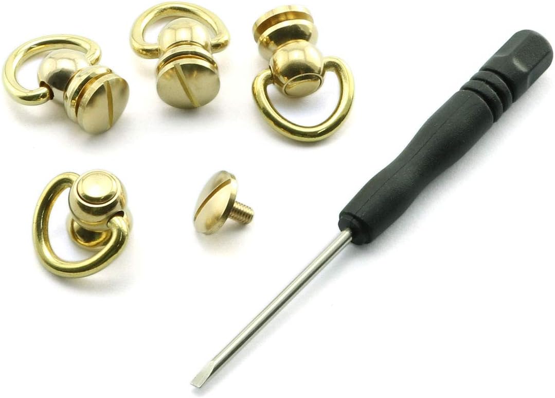 HJ Garden 4pcs Brass Ball Studs Rivets Nails Rotatable D Ring Buckle Handle Connector with Mini Screwdriver,DIY Leather Crafts Accessories 10x22mm