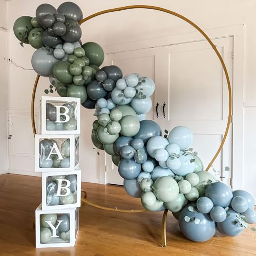 Image of Blue and Green Balloon Arch Kit 107Pcs Dusty Blue Sage Green Balloons Garland Retro Slate Haze Fog Pale Gray Birthday Party Balloons for Boys Rustic Navy Woodland Jungle Baby Shower Decorations
