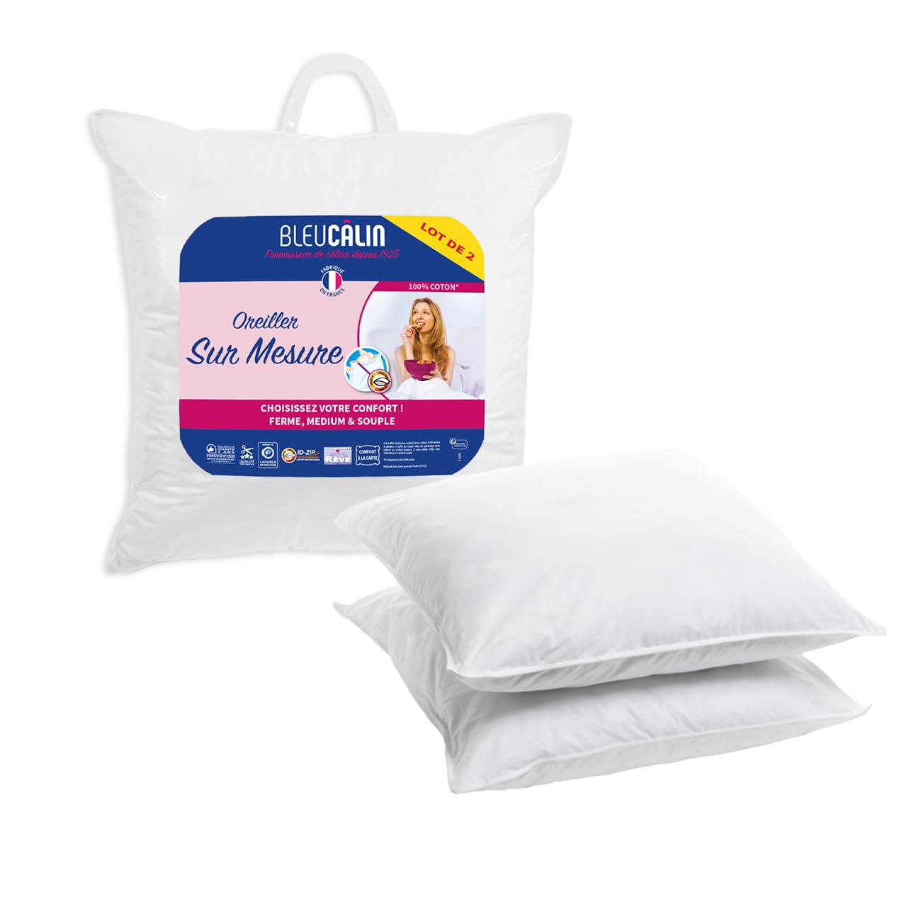 Bleu Câlin Set of 2 Pillows with Individual Filling Control, 60 x 60 cm