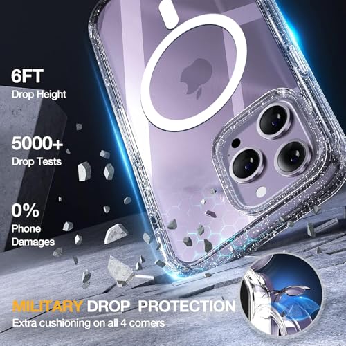 Image of Miracase Magnetic for iPhone 14 Pro Case 6.1 inch, (Compatible with MagSafe) Upgrade Full-Body Clear Phone Bumper Case with Built-in 9H Tempered Glass Screen Protector, Magnetic Glitter Clear