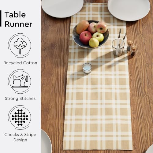 Image of Encasa XO Cotton Table Runner for 4 Seater | Size 13x36 in | Franca Beige Checks - Machine Washable & Durable