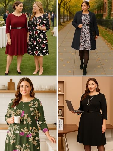 Image of AusLook Women's Plus Midi Dresses Crew Neck A Line 3 /4 Sleeves Casual Elegant Loose Wedding Vacation Dress with Pockets